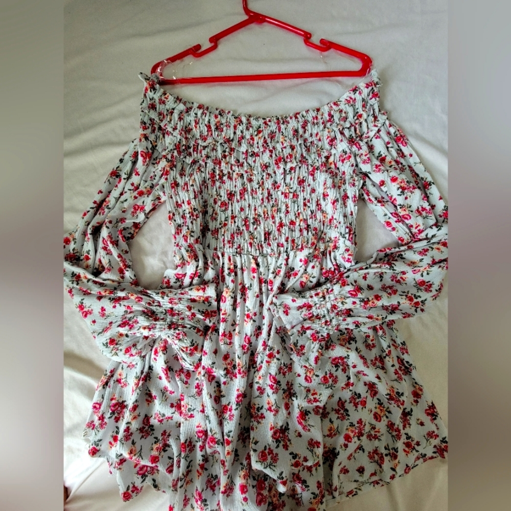 Light blue, floral, off the shoulder, maternity top. Size large.